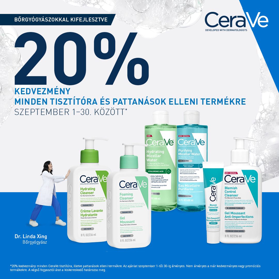 CeraVe akció — 20% kedvezmény a tisztító és pattanások elleni termékekre